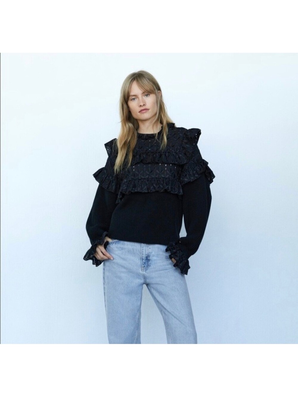 Zara Romantic Victorian Eyelet Ruffle Knit Sweater M